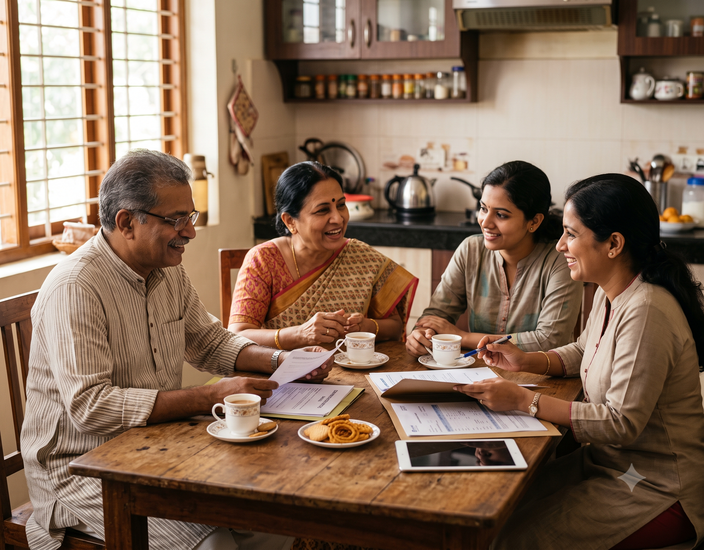 Adviser talking with an Indian family in Malayalam and Hindi over tea