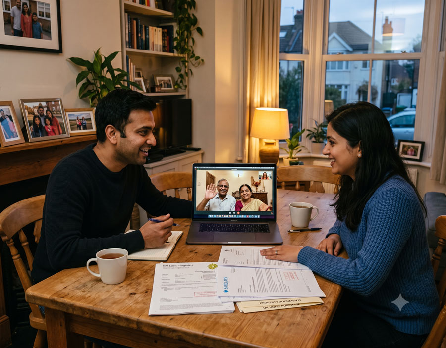 UK couple video calling family in India about their mortgage deposit