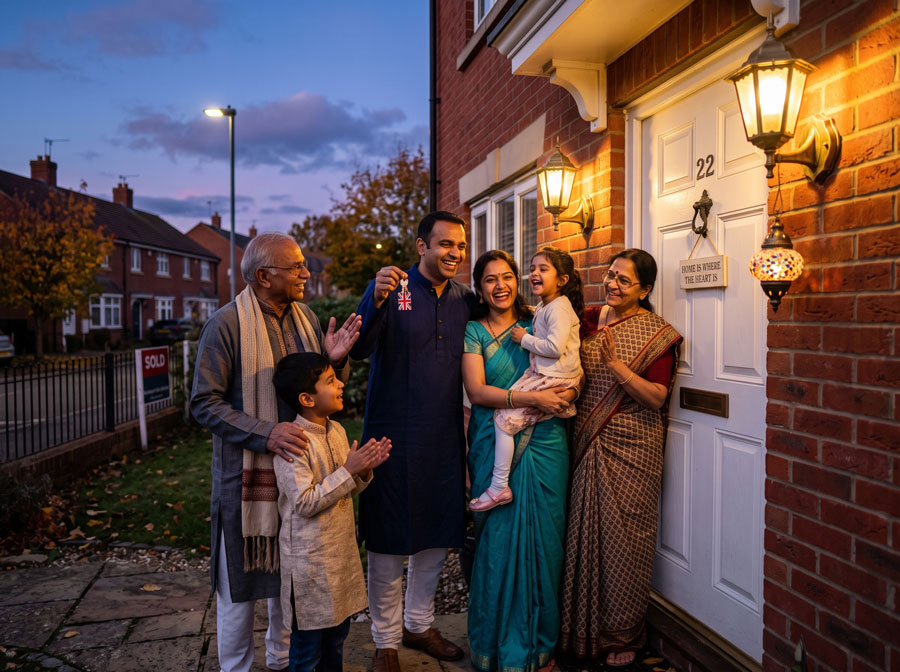 Indian family celebrating moving into their new UK home