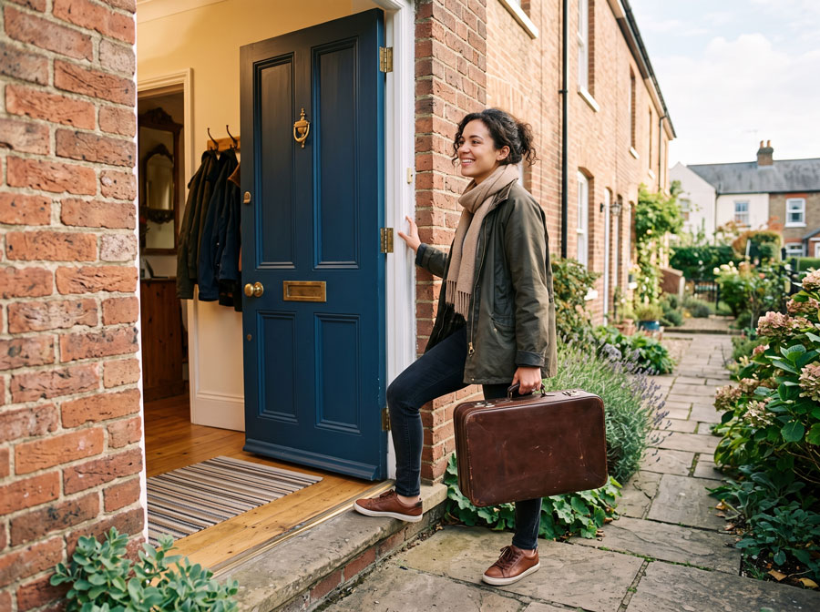 Person newly arrived in the UK stepping into their new home with a suitcase