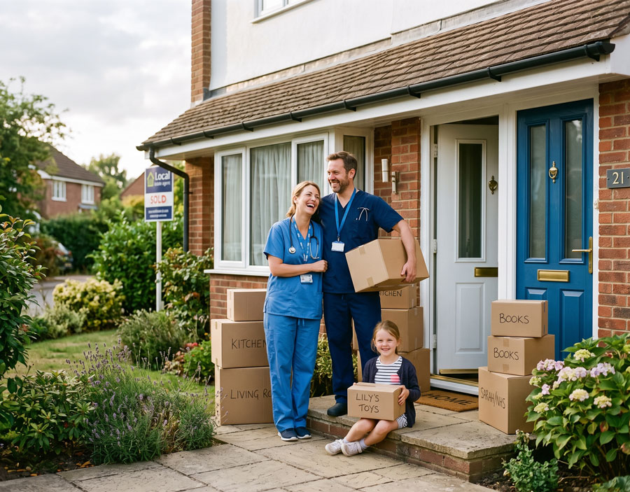 Healthcare worker family at the doorstep of their new home